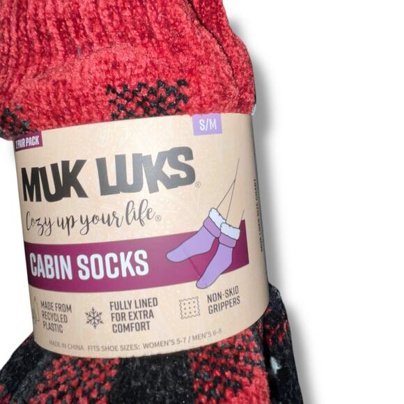 Muk Luks Sz S/M Slipper Socks Faux Fur Lined Warm Cabin 2 Pk Buffalo Check Gift - Picture 12 of 14